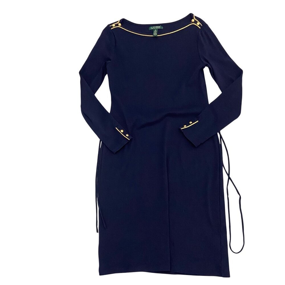 Lauren Ralph Lauren Navy Long Sleeve Dress M 100% Cotton With Gold Button & trim